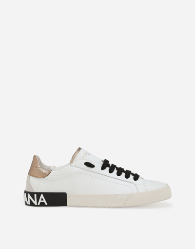 Dolce & Gabbana 'new Portofino' White Low Top Sneakers With Metallic Heel Tab And Logo Patch In Leather Woman In White
