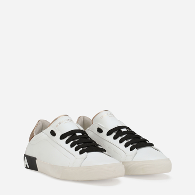Dolce & Gabbana 'new Portofino' White Low Top Sneakers With Metallic Heel Tab And Logo Patch In Leather Woman In White