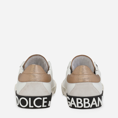 Dolce & Gabbana 'new Portofino' White Low Top Sneakers With Metallic Heel Tab And Logo Patch In Leather Woman In White