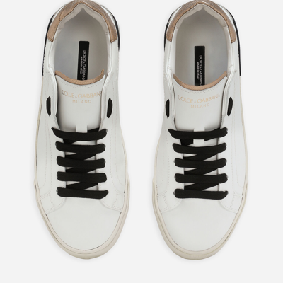 Dolce & Gabbana 'new Portofino' White Low Top Sneakers With Metallic Heel Tab And Logo Patch In Leather Woman In White
