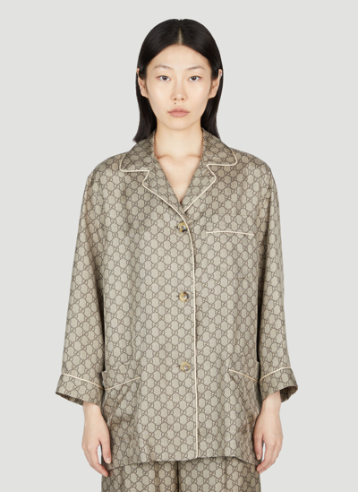 Shop Gucci Gg Supreme Silk Shirt In Khaki