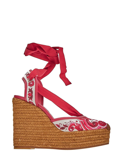 Shop Dolce & Gabbana Printed Brocade Fabric Wedge Sandals In Pink