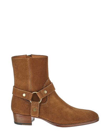 Shop Saint Laurent Wyatt Harness Boots In Suede In Brown