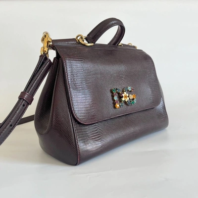 Pre-owned Dolce & Gabbana Burgundy Lizard Embossed Leather Medium Miss Sicily Bag