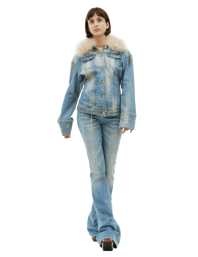 Blumarine Jeans Jacket With Fur In Blue