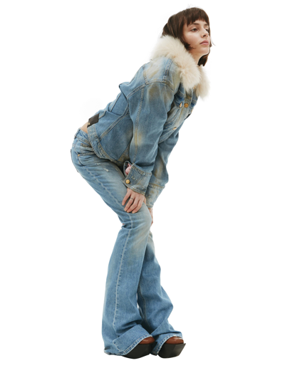 Blumarine Jeans Jacket With Fur In Blue