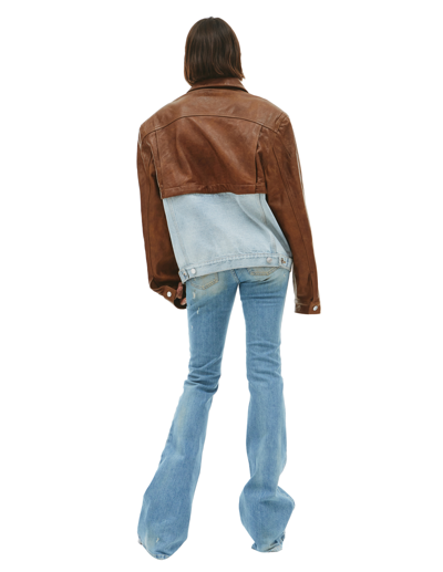 Shop Vtmnts Convertible Leather And Denim Jacket In Brown