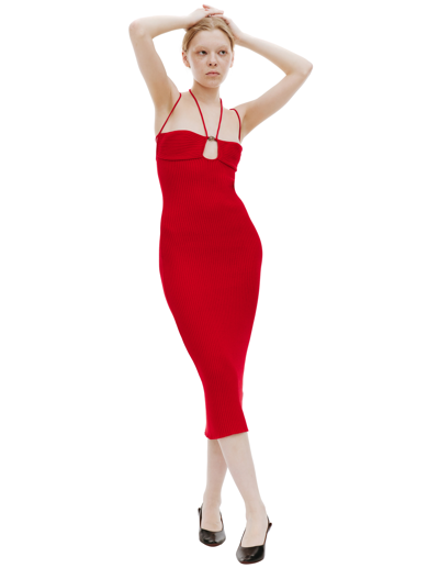 Shop Blumarine Ribbed Knit Midi Dress In Red