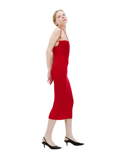 Shop Blumarine Ribbed Knit Midi Dress In Red