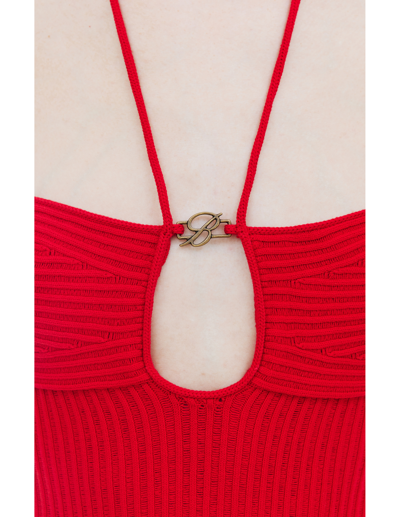 Shop Blumarine Ribbed Knit Midi Dress In Red