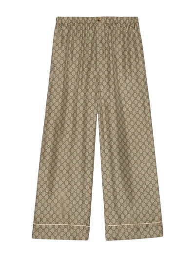 Gucci Gg Supreme Print Silk Trouser In Brown