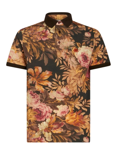 Shop Etro Polo Shirt With Floral Print In Brown