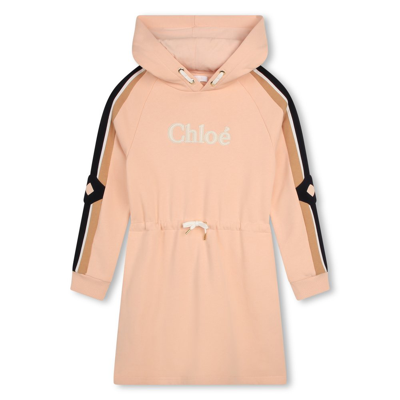 Shop Chloé Kids Logo Embroidered Drawstring Hooded Dress In Pink