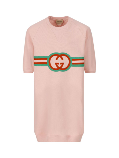 Shop Gucci Kids Interlocking G Logo Embroidered Crewneck Dress In Pink
