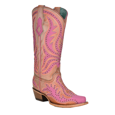 Pre-owned Corral Boots Corral Ladies Pink Overlay & Fluorescent Embroidery Western Boots C3970