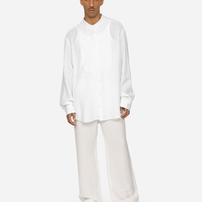 Shop Dolce & Gabbana Linen Shirt With Dg Embroidery And Shirt-front Detail In White