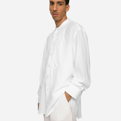 Shop Dolce & Gabbana Linen Shirt With Dg Embroidery And Shirt-front Detail In White