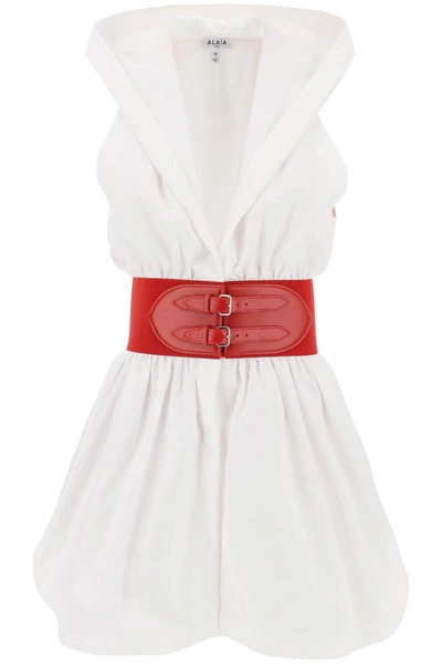 Shop Alaïa Alaia Hooded Mini Dress With Belted Waist In White