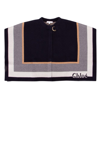 Shop Chloé Kids Logo Printed Striped Knitted Cape In Blue