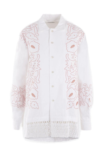 Shop Bode Embroidered Design Long Sleeved Buttoned Shirt In White