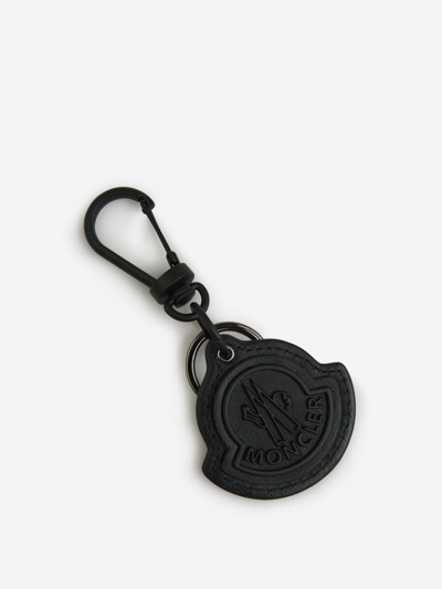 Shop Moncler Logo Embossed Leather Keychain In Black