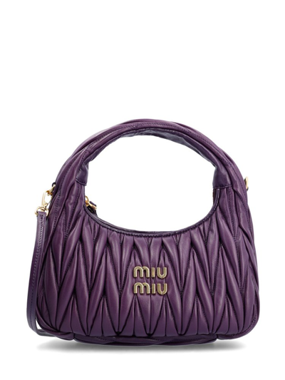 Shop Miu Miu Wander Matelassé Logo Plaque Mini Hobo Bag In Purple