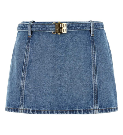 Shop Miu Miu Belted Straight Hem Denim Skirt In Blue