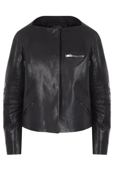 Shop Prada Collarless Zipped Leather Jacket In Black