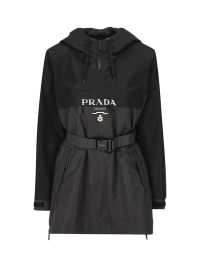 Shop Prada Logo Detailed Hooded Jacket In Black