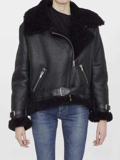 Shop Saint Laurent Shearling Zipped Jacket In Black