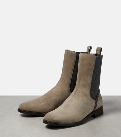 Shop Brunello Cucinelli Embellished Suede Chelsea Boots In Beige