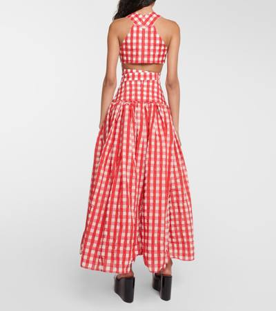 Shop Alaïa Vichy Gingham Cutout Crop Top In Red