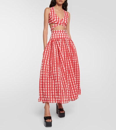 Shop Alaïa Vichy Gingham Cutout Crop Top In Red