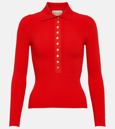 Shop Gucci Ribbed-knit Polo Sweater In Red