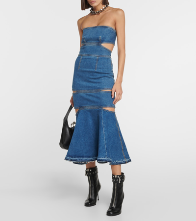 Shop Alexander Mcqueen Cutout Denim Midi Dress In Blue
