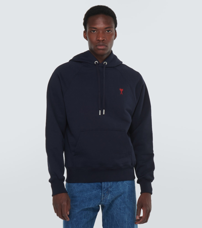 Ami Alexandre Mattiussi Ami Navy Blue Cotton Jersey Hoodie With Signature Monogram