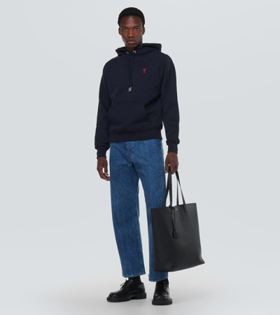 Ami Alexandre Mattiussi Ami Navy Blue Cotton Jersey Hoodie With Signature Monogram