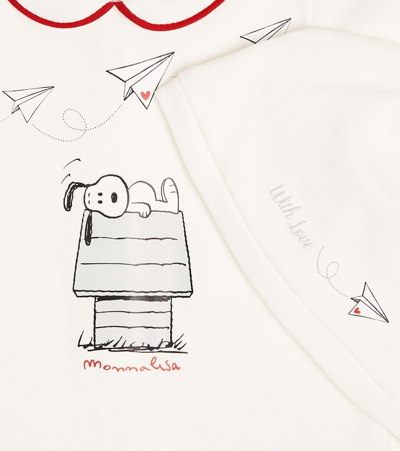Monnalisa Baby Snoopy Cotton Onesie, Beanie, And Cushion Cover Set In White