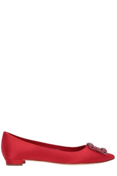 Shop Manolo Blahnik Hangisi Buckle Embellished Flat Shoes In Red