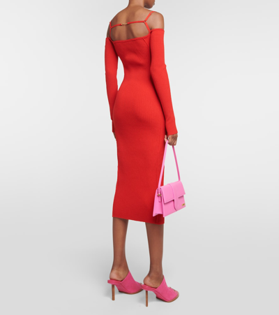 Jacquemus La Robe Sierra Cold Shoulder Long Sleeve Rib Cotton Sweater Dress In Red