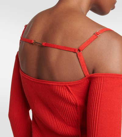 Jacquemus La Robe Sierra Cold Shoulder Long Sleeve Rib Cotton Sweater Dress In Red