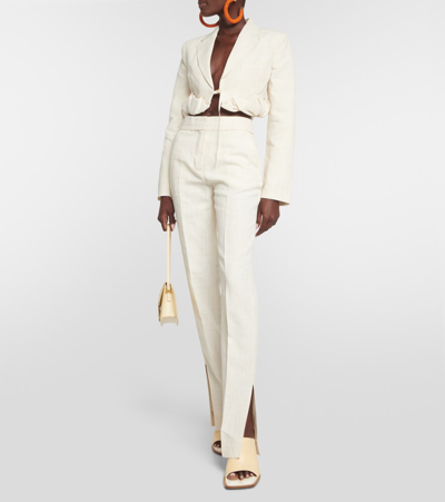Jacquemus Croissant Cropped Linen-blend Jacket In Black