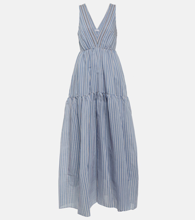 Shop Brunello Cucinelli Striped Cotton And Silk Maxi Dress In Blue