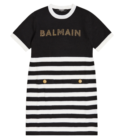 Shop Balmain Striped Logo Jersey Dress In Black