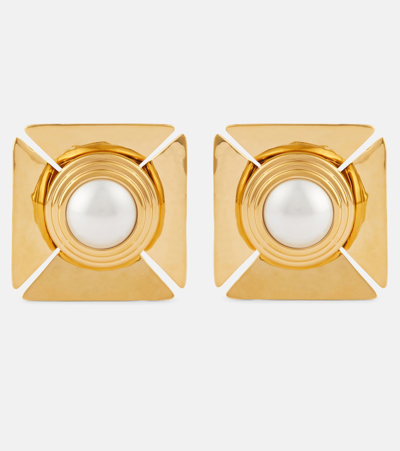 Shop Saint Laurent Faux Pearl-embellished Clip-on Earrings In Gold