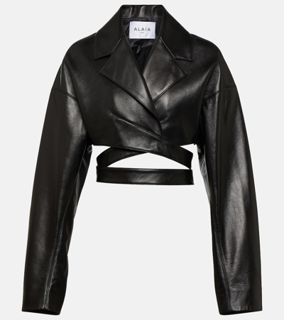 Shop Alaïa Cropped Leather Jacket In Black