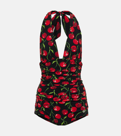 Shop Dolce & Gabbana Cherry Halterneck Swimsuit In Black