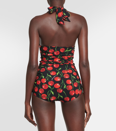 Shop Dolce & Gabbana Cherry Halterneck Swimsuit In Black