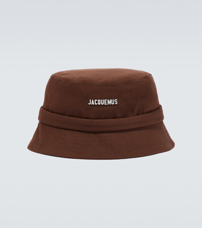 Shop Jacquemus Logo Cotton Bucket Hat In Brown