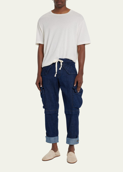 Shop Greg Lauren Men's Multi-pocket Denim Cargo Pants In Denim Blue